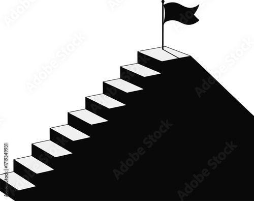 Achieving Goals Stairway to Success Vector Illustration with Flag on Top of Mountain Peak Design