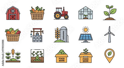 Farming and Agriculture Icons Set for Sustainable Food Production.