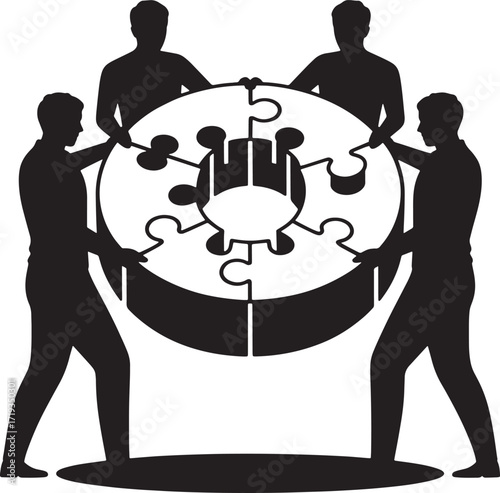 Teamwork Collaboration Silhouette with Puzzle Pieces on Transparent Background for Solutions