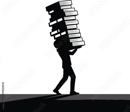 Silhouette of a Person Carrying a Heavy Stack of Books Representing Overwork and Burden of Knowledge