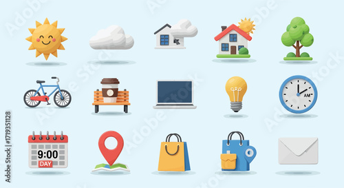 Collection of colorful 3D rendered icons representing various everyday objects and concepts.