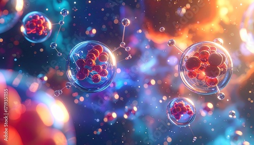 Dynamic abstract visualization of glowing microscopic structures and intricate cellular networks, illustrating complex biological processes in a vibrant, fluid environment