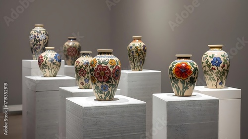 Collection of ornate ceramic vases displayed on pedestals