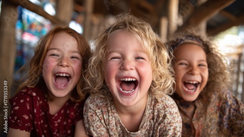 Three joyful children share a moment of laughter, capturing the essence of childhood bliss and friendship, creating a heartwarming scene filled with happiness and innocence.