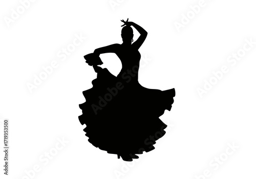 A black silhouette of a woman in a dress dancing