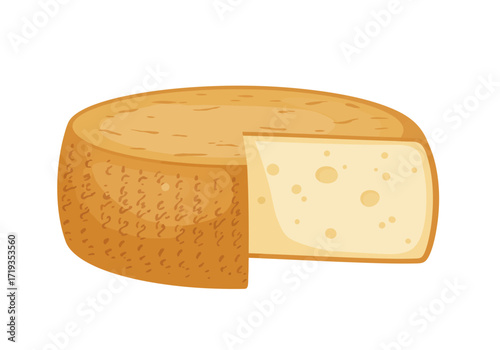 A cartoon cheese wheel with a missing wedge revealing a lighter colored porous interior