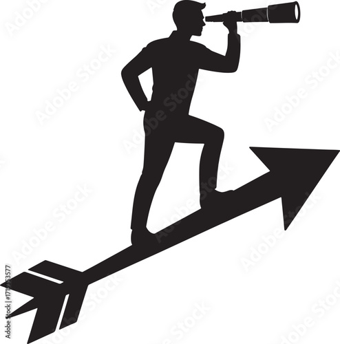 Strategic Vision with Businessman on Arrow Using Spyglass on Transparent Background Vector