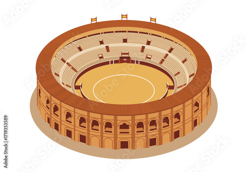 A bullring with concentric seating tiers and an arena viewed from an elevated perspective