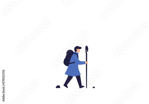 A figure treks with a staff and backpack on a sparse ground