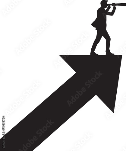 Visionary Businessman on Arrow Looking Through Spyglass on Transparent Background Vector