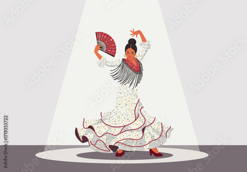 A flamenco dancer holds a red fan on a spotlight stage in a fringed dress