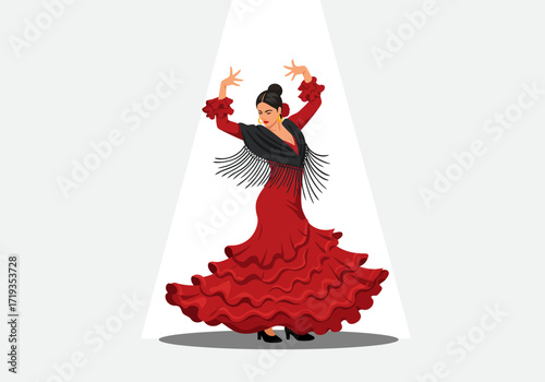 A flamenco dancer in red dress black shawl under a spotlight
