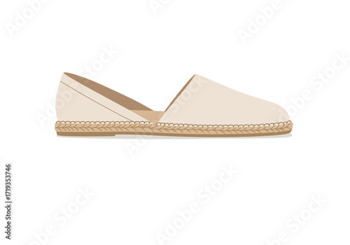 A flat illustration of a white espadrille shoe with a braided sole isolated on a white background