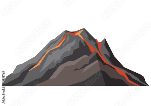A grey angular volcano with orange lava flowing down its slopes against a white background