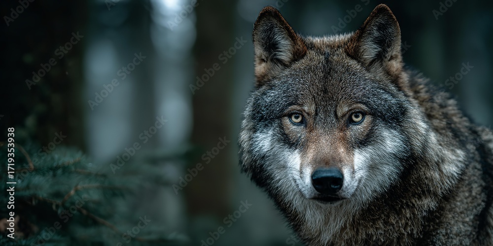 Fototapeta premium A wolf is standing in a forest.