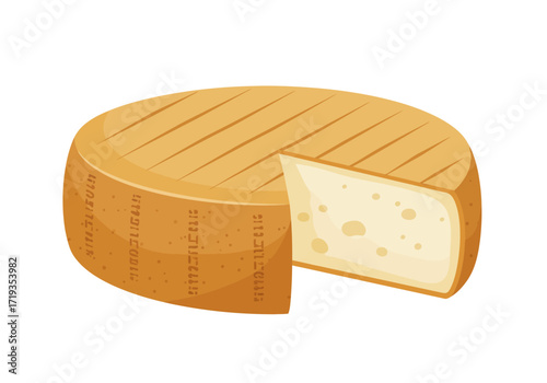 A round cheese with a wedge cut out The rind is textured with writing and small holes
