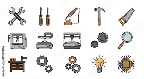 Hand drawn icon set of workshop tools and technology equipment.
