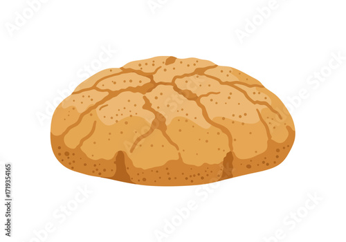 A tan round cookie with cracked patterns and small spots is centrally located against a white background