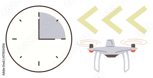 Clock with highlighted section, quadcopter with propellers in motion, yellow directional arrows. Ideal for delivery, logistics, efficiency, speed, innovation technology and time-saving concepts