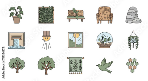 Hand Drawn Nature and Cozy Home Decor Icon Set.