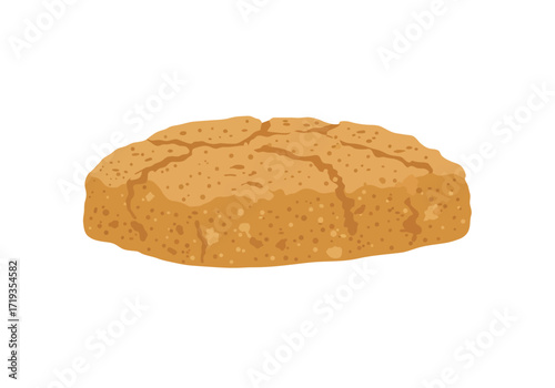 An isolated tancolored unevenly textured loaf of bread with surface cracks and an irregular shape
