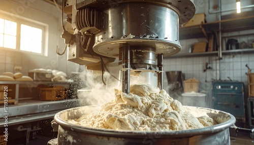 Industrial Dough Mixing A Close-Up View of Breadmaking in a Professional Bakery