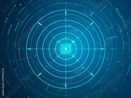 Futuristic blue digital radar target with glowing center