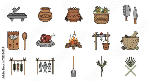 Hand Drawn Prehistoric Life and Survival Tools Icon Set.
