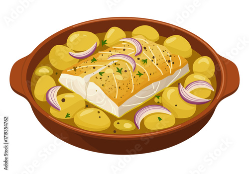Baked cod in a terracotta dish with potatoes and red onion