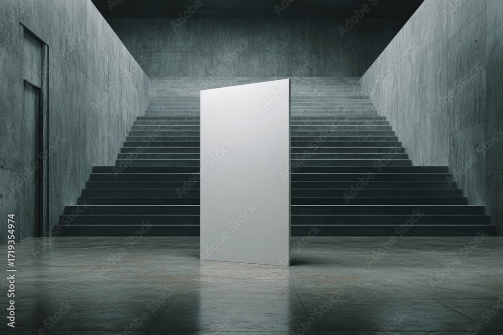 Obraz premium Blank white vertical poster in a dark, concrete interior with stairs