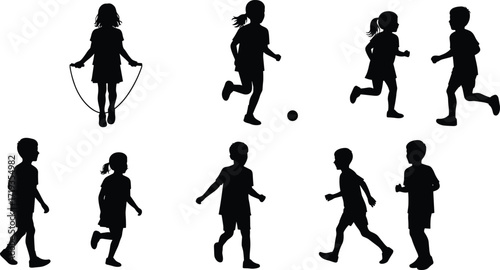 Silhouette illustration of active children playing outdoor sports, running, skipping rope, exercising, healthy lifestyle, physical activity, teamwork, fitness, fun.