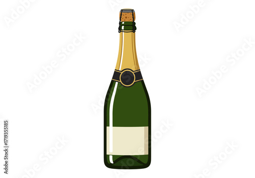 Champagne bottle with a tan label gold neck cork and green body on a white background