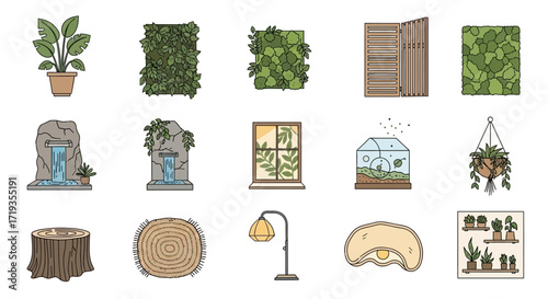 Hand Drawn Set of Biophilic Design and Indoor Plant Icons.