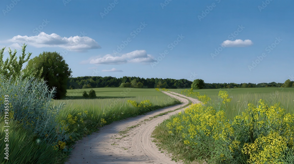 Naklejka premium Winding Road Through the Fields: A serene countryside scene unfolds with a dirt road meandering through vast, vibrant green fields under a bright blue sky, creating a sense of freedom and tranquility.