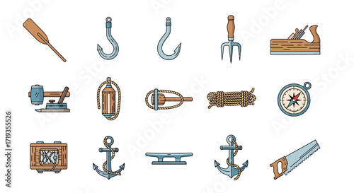 Hand drawn sketch icons of various tools and nautical equipment.