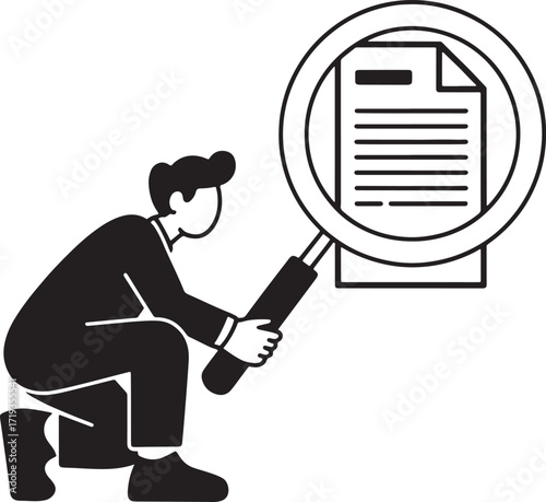 Document Examination Illustration Showing a Person Analyzing Information with a Magnifying Glass