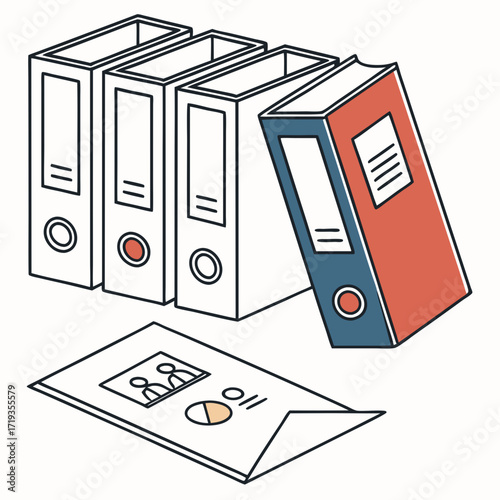 Illustration of ring binders and document, showcasing organization, documentation, and storage in office or home settings, ideal for illustrating file management