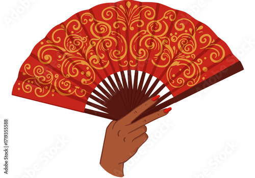 Hand holding a red  gold hand fan with red fingernails on a white backdrop