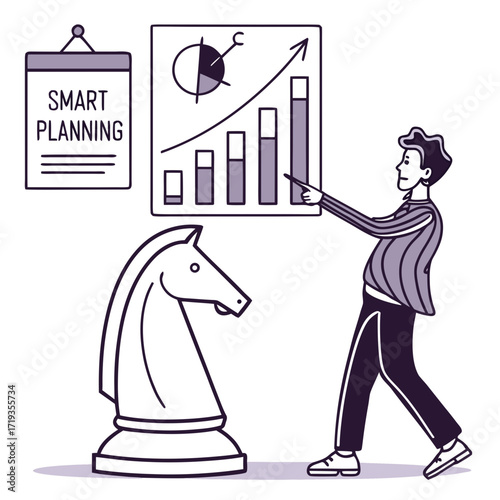 Vector art of a man presents smart planning and business strategy with a bar chart and chess knight a metaphor for strategic planning and business growth