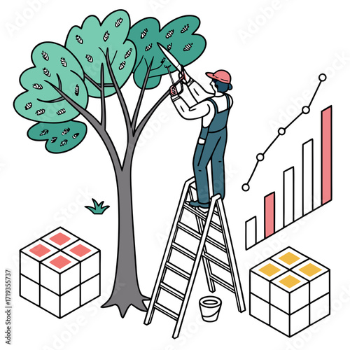 Vector art of a man on a ladder pruning a tree with a graph showing growth and cubes, symbolizing business growth, development, and success