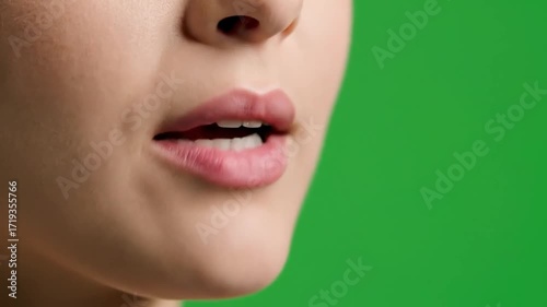 Detailed articulation sequence of human mouth movements against a green background, lip