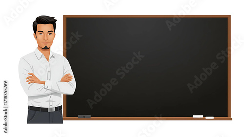 Illustration of Male Teacher Standing with Folded Arms beside Blackboard – Transparent PNG