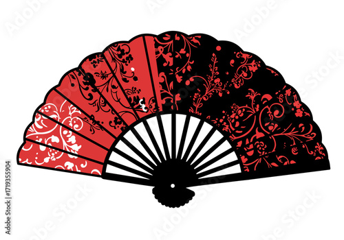 Open fan 3 color sections w floral patterns blackredwhite scalloped edges  20 black spokes
