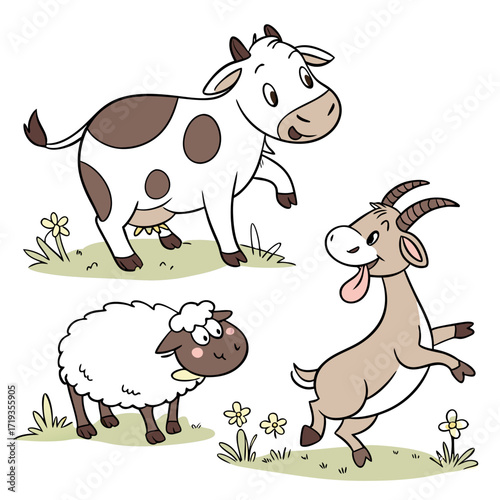 Vector art of cartoon farm animals a cheerful cow, a fluffy sheep, and a playful goat frolic together in a whimsical scene, perfect for childrens illustrations and educational materials