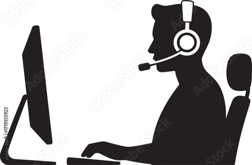 Silhouette of a Customer Service Representative with Headset Working on Computer Vector Illustration