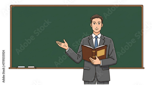 Illustration of Male Professor Giving Lecture beside Green Chalkboard – Transparent PNG