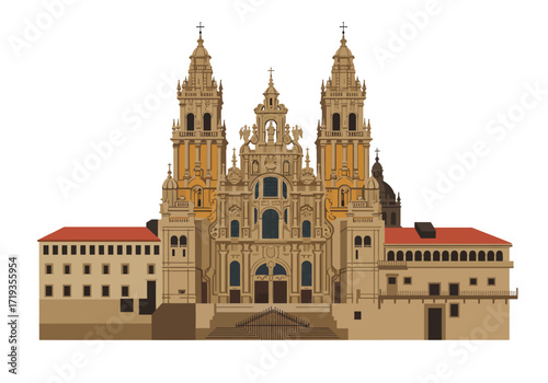 Ornate tan threetowered cathedral with redroofed buildings attached