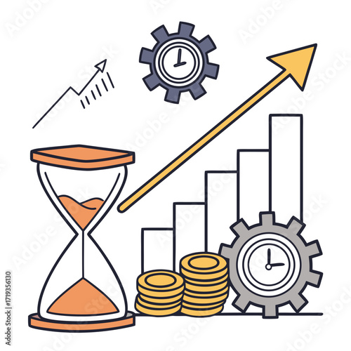 Vector art of icon of time management, sandglass, money, gear and graph concept of business time, value of time, time is money, time management and business planning