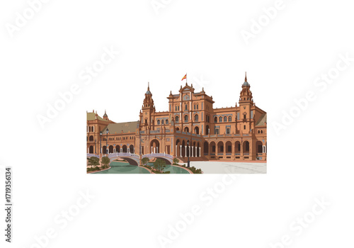 Plaza de España Seville illustration ornate architecture bridges canal Spanish flag