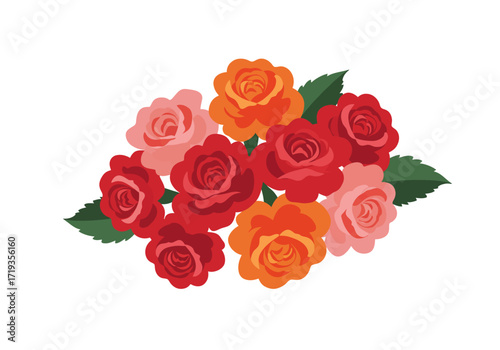 Roses bunch displaying vibrant red orange and pink blooms nestled with green leaves conveying simple floral beauty